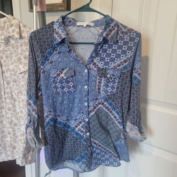 Womens tops set of 2 soft roll tab sleeves with collar v-neck cotton poly size s - Picture 2 of 16